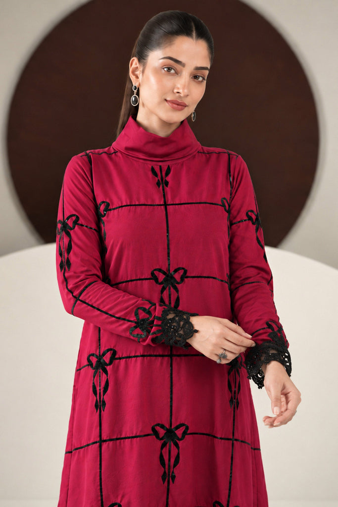 2 Piece Embroidered Dobby Linen Suit in Red
