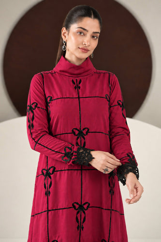 2 Piece Embroidered Dobby Linen Suit in Red