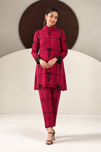 2 Piece Embroidered Dobby Linen Suit in Red