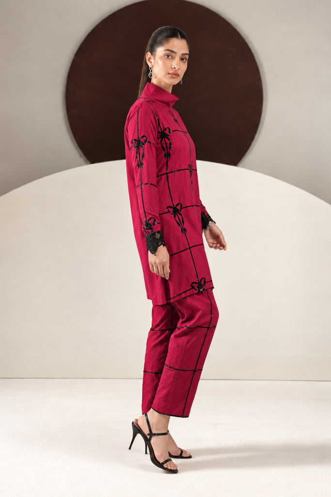 2 Piece Embroidered Dobby Linen Suit in Red