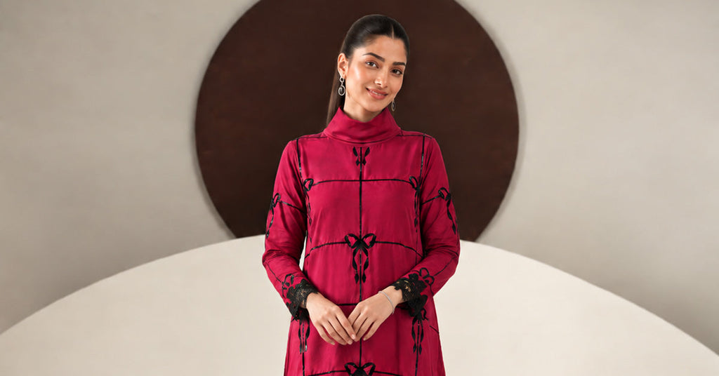 2 Piece Embroidered Dobby Linen Suit in Red
