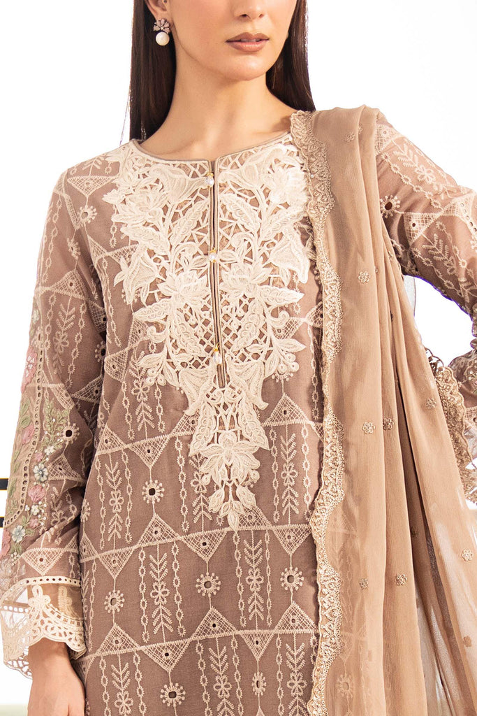 3 Piece Embroidered Lawn Suit - Coffee Brown