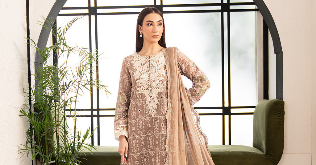 3 Piece Embroidered Lawn Suit - Coffee Brown