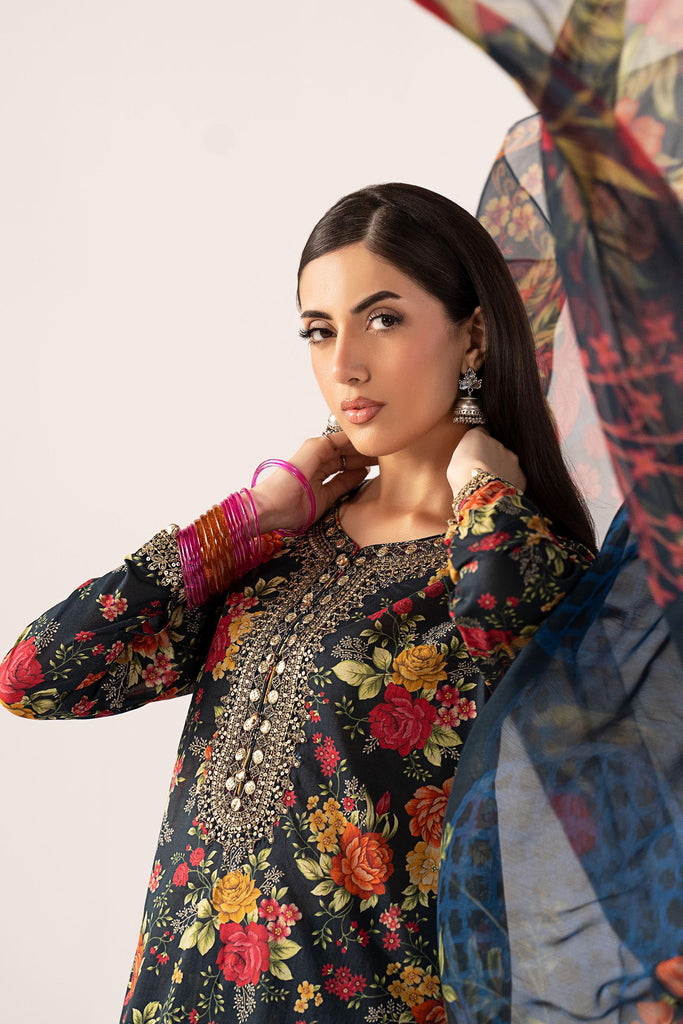 3 Piece Embroidered Lawn Suit for Women - Teal Blue