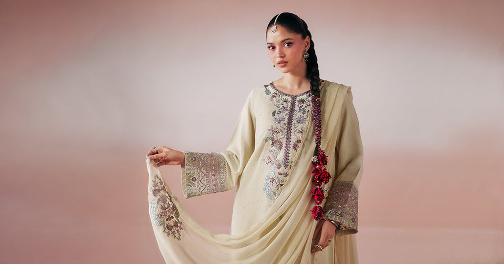 Maria.B 3 Piece Embroidered Raw Silk Suit – Beige