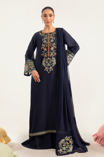 3 Piece Embroidered Raw Silk Suit for Women – Blue