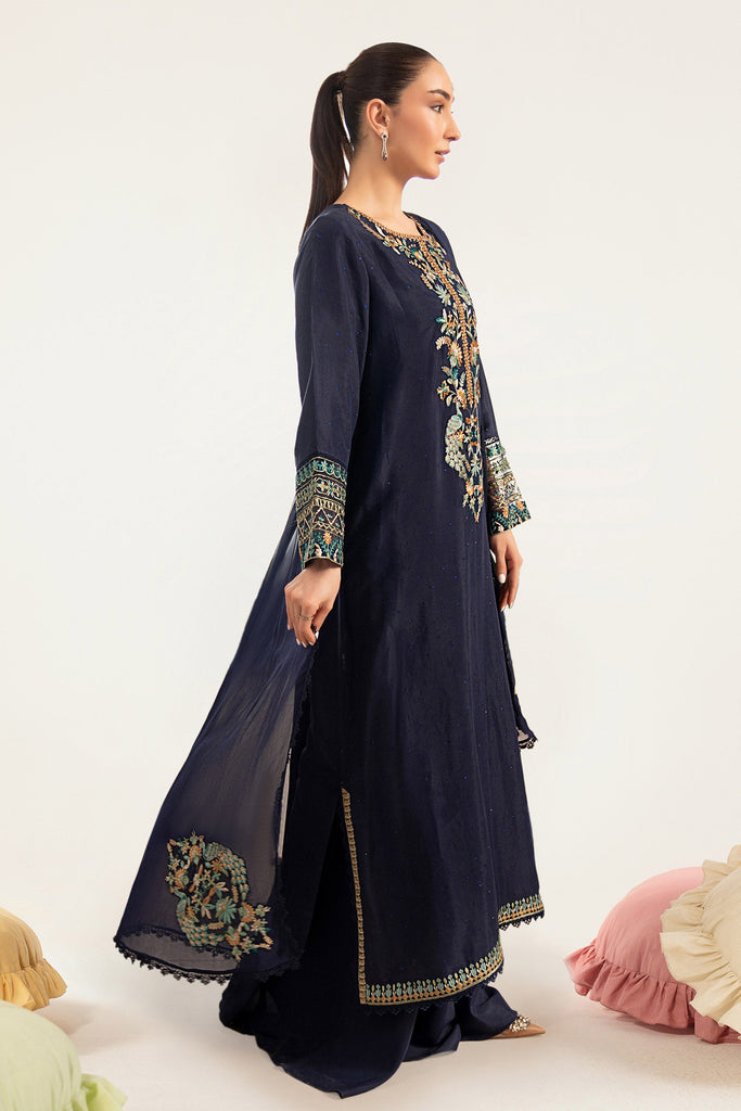 3 Piece Embroidered Raw Silk Suit for Women – Blue