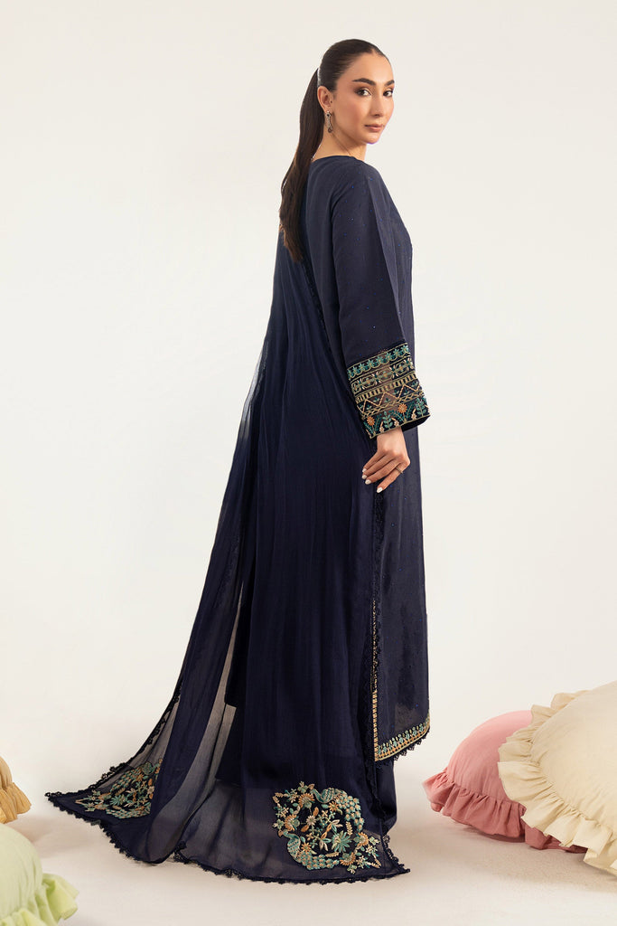 3 Piece Embroidered Raw Silk Suit for Women – Blue