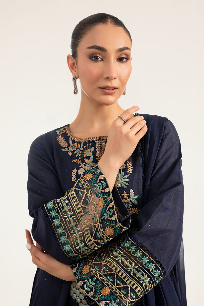 3 Piece Embroidered Raw Silk Suit for Women – Blue