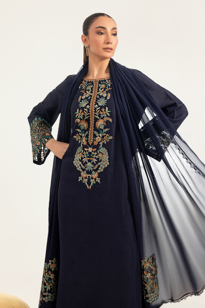 3 Piece Embroidered Raw Silk Suit for Women – Blue