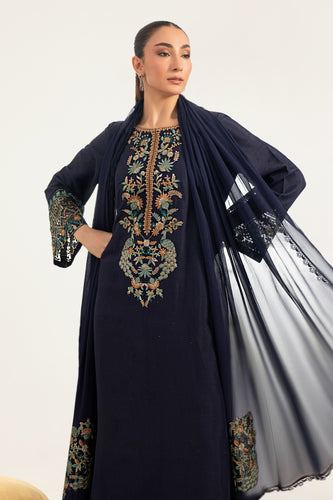 3 Piece Embroidered Raw Silk Suit for Women – Blue