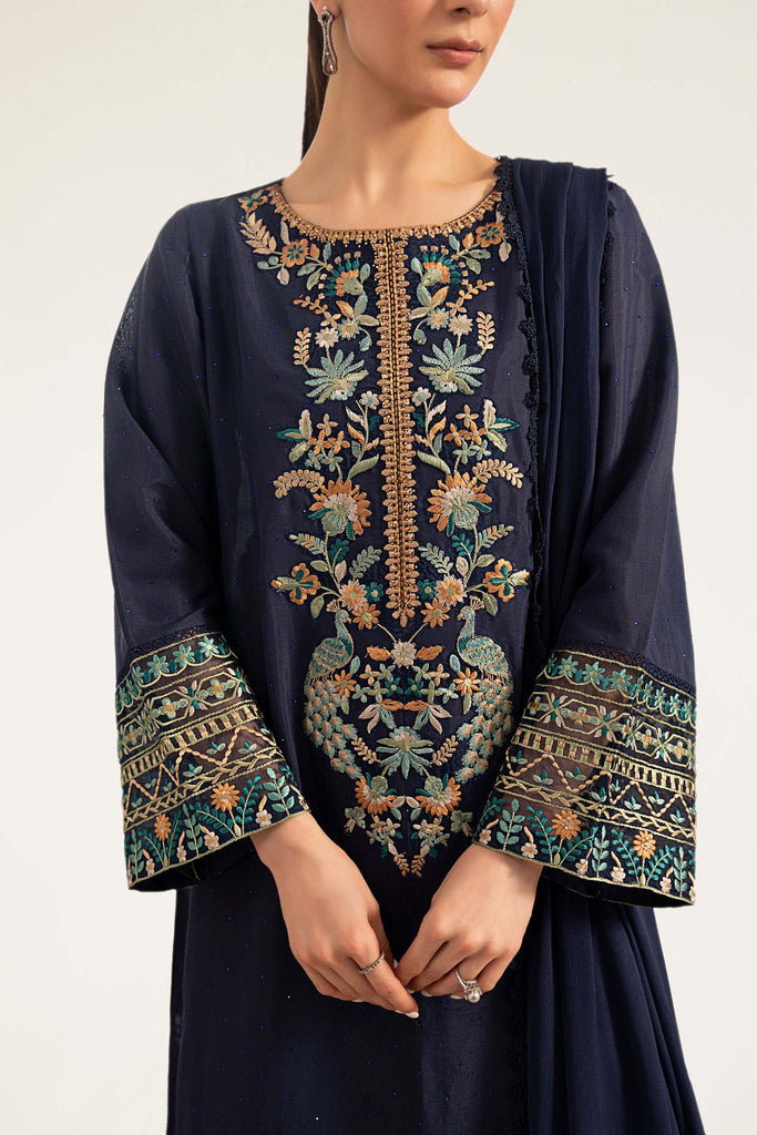 3 Piece Embroidered Raw Silk Suit for Women – Blue