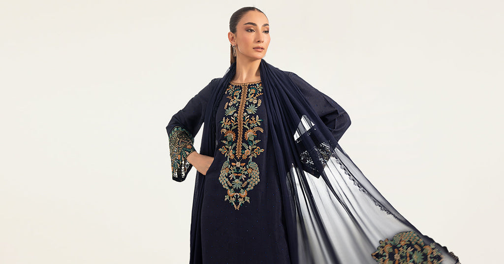 3 Piece Embroidered Raw Silk Suit for Women – Blue