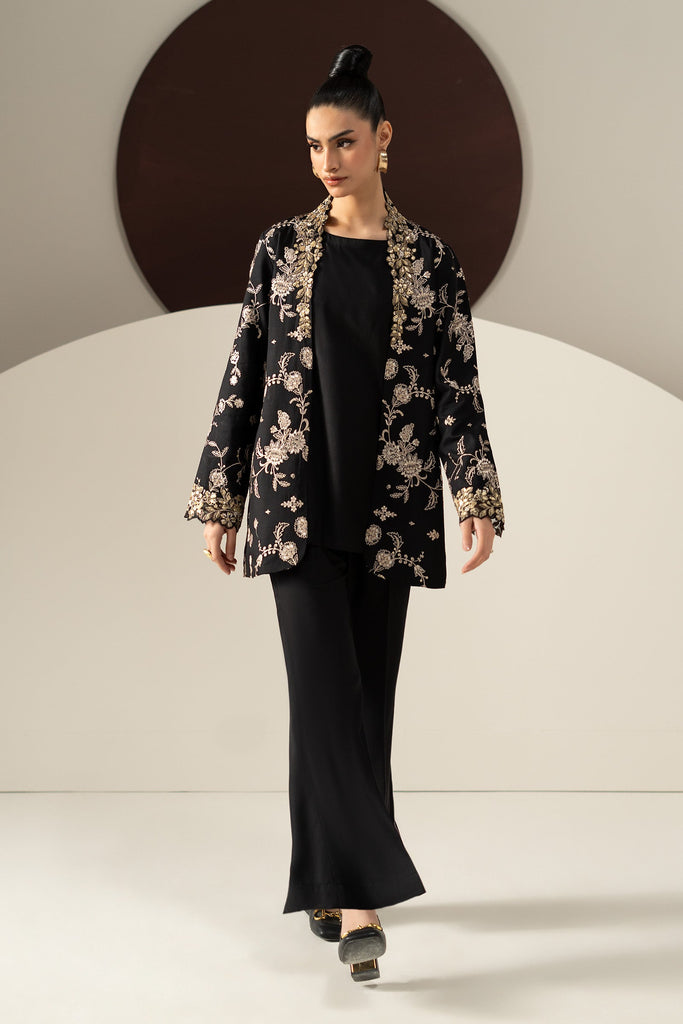 2 Piece Embroidered Linen Suit in Black