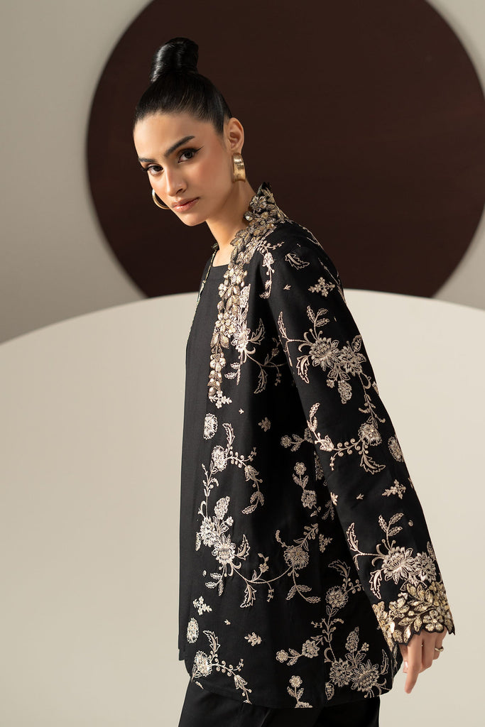 2 Piece Embroidered Linen Suit in Black