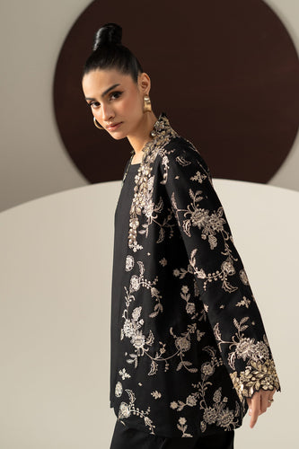 2 Piece Embroidered Linen Suit in Black
