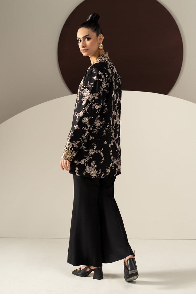 2 Piece Embroidered Linen Suit in Black