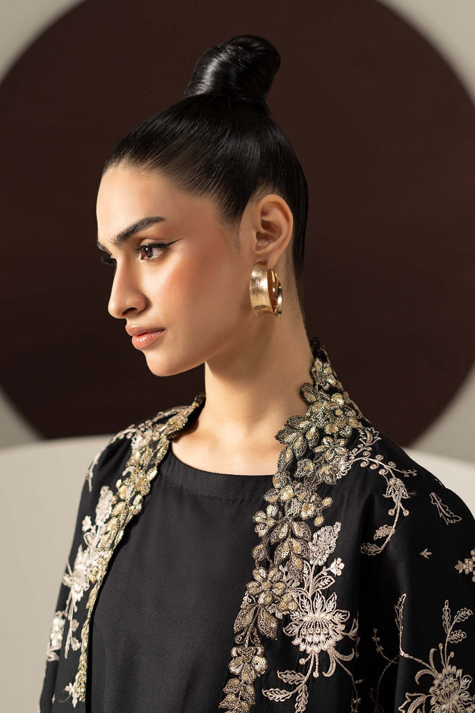 2 Piece Embroidered Linen Suit in Black