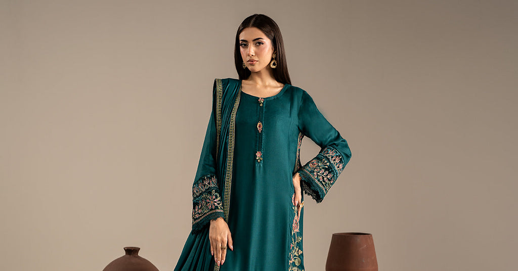 3 Piece Embroidered Marina Twill Suit - Teal