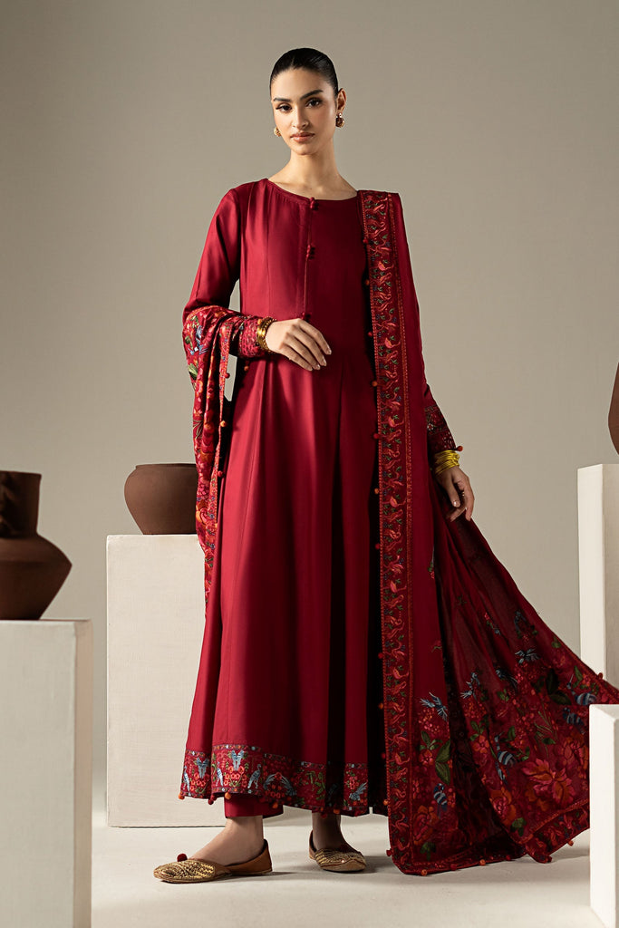 Red Linen 3 Piece Embroidered Frock Suit