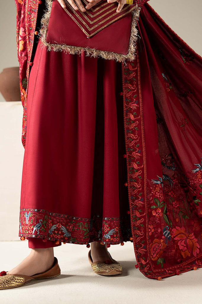 Red Linen 3 Piece Embroidered Frock Suit
