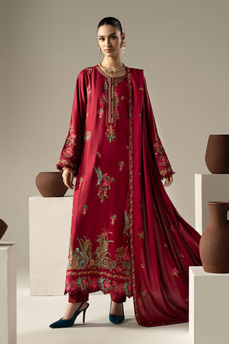 Red Linen 3 Piece Embroidered Suit for Women