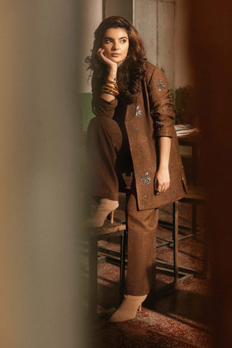Brown Tropical Slub Khaddar 3 Piece Embroidered Suit