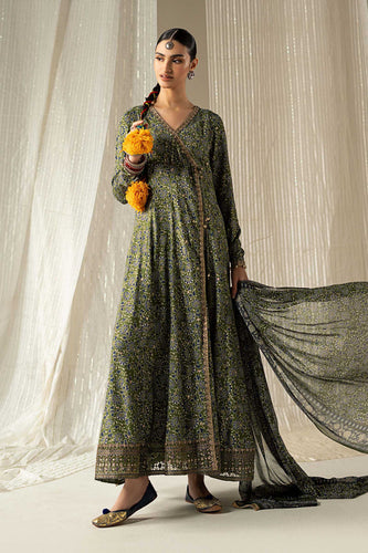 Green Raw Silk Angrakha Suit – 3 Piece for Women