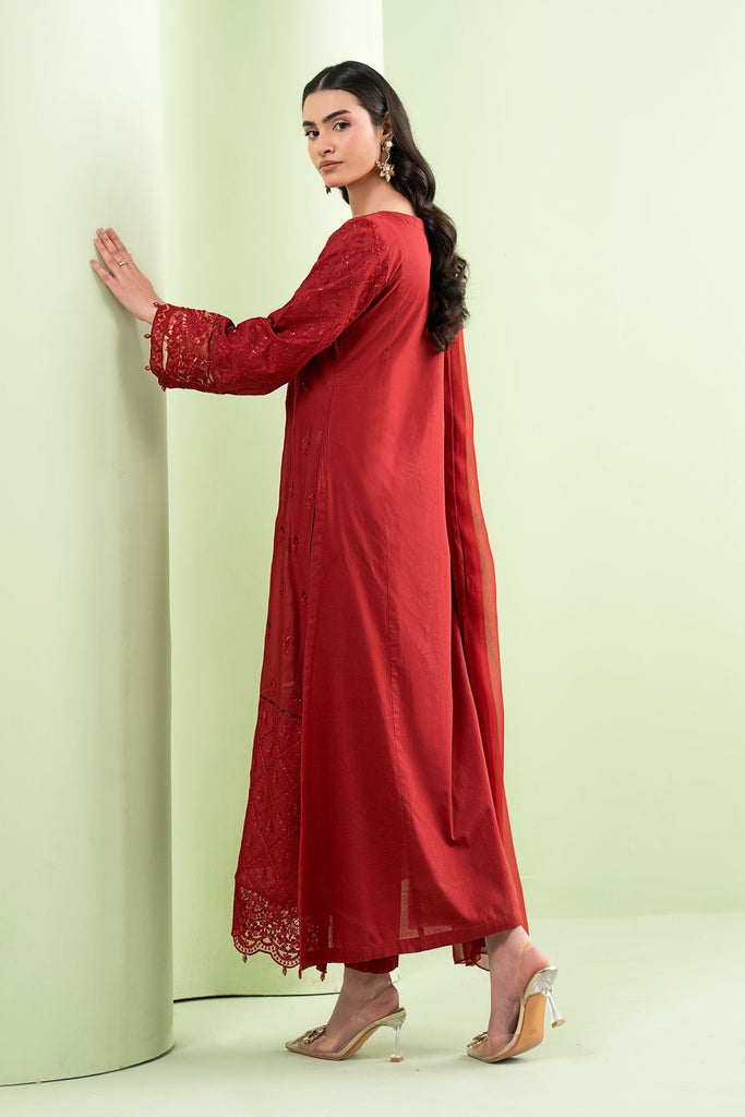 3 Piece Embroidered Lawn Suit for Eid Dinner - Red