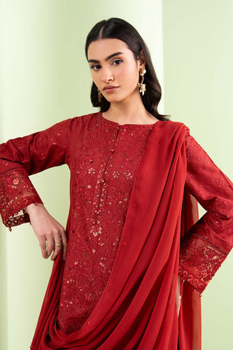 3 Piece Embroidered Lawn Suit for Eid Dinner - Red