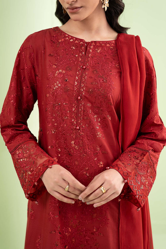 3 Piece Embroidered Lawn Suit for Eid Dinner - Red