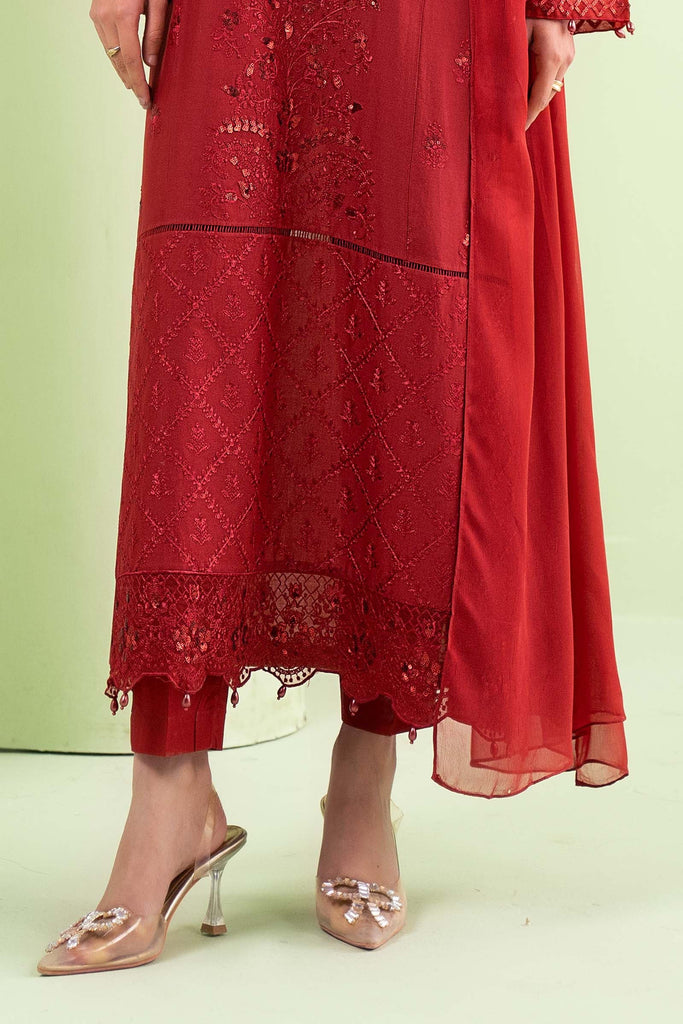 3 Piece Embroidered Lawn Suit for Eid Dinner - Red