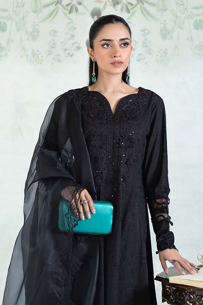 3 Piece Embroidered Dobby Lawn Suit in Black