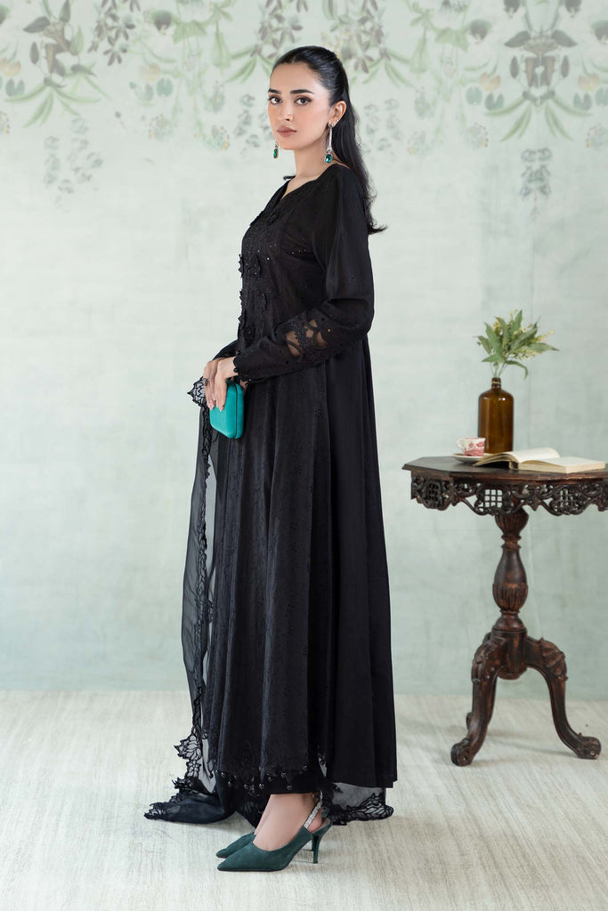 3 Piece Embroidered Dobby Lawn Suit in Black