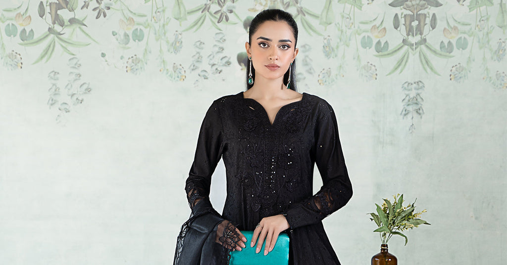 3 Piece Embroidered Dobby Lawn Suit in Black