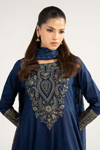 Dobby Lawn Frock 3 Piece Embroidered Suit - Blue
