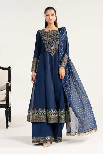 Dobby Lawn Frock 3 Piece Embroidered Suit - Blue