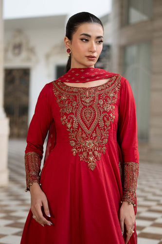 3 Piece Embroidered Dobby Lawn Frock Suit - Red