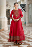 3 Piece Embroidered Dobby Lawn Frock Suit - Red