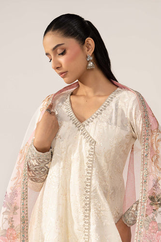 Embroidered Angrakha Dobby Lawn Suit - Off White