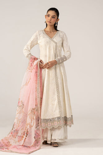 Embroidered Angrakha Dobby Lawn Suit - Off White