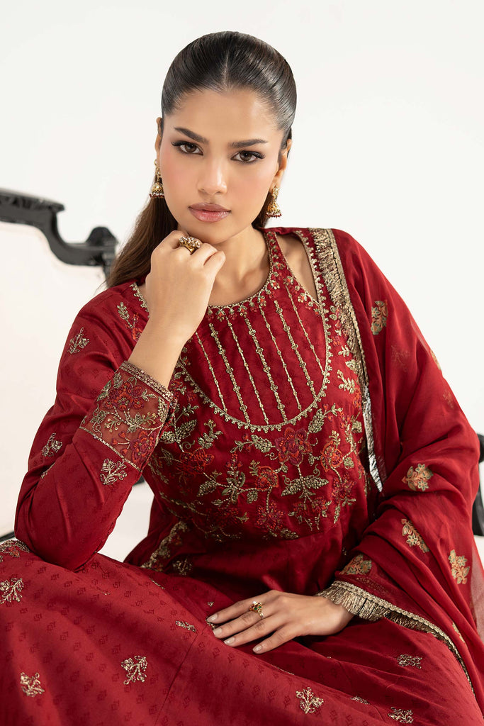 3 Piece Cutwork Dobby Lawn Frock - Red
