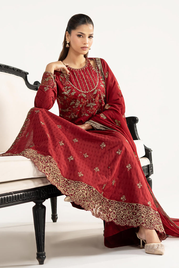 3 Piece Cutwork Dobby Lawn Frock - Red
