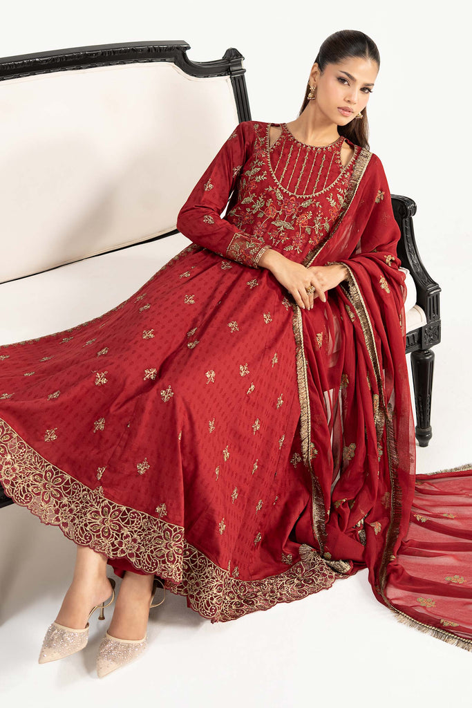 3 Piece Cutwork Dobby Lawn Frock - Red