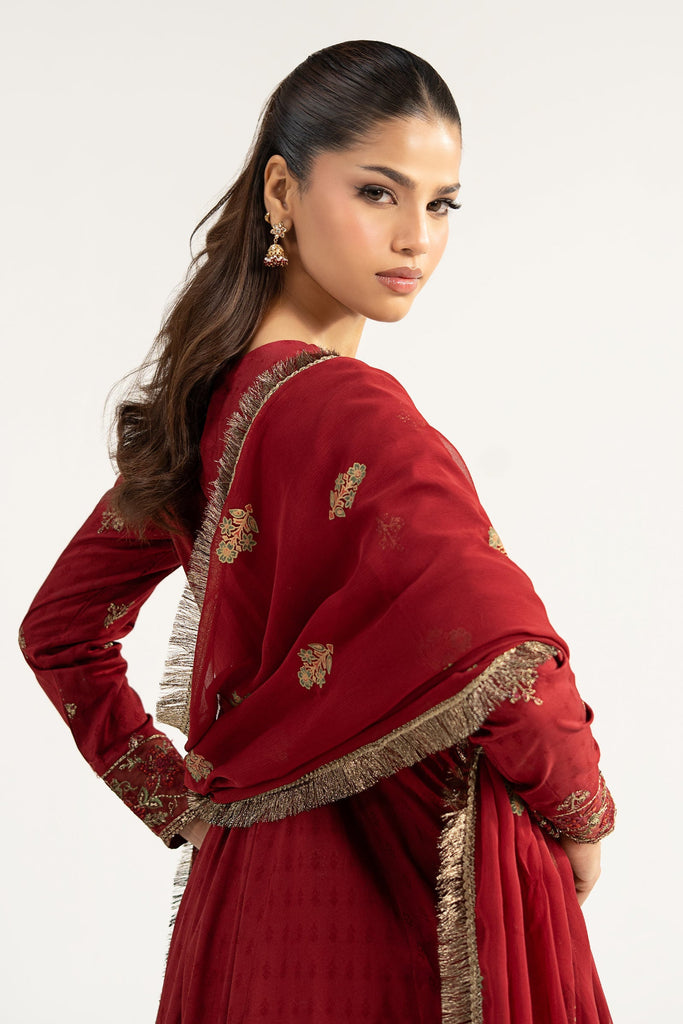 3 Piece Cutwork Dobby Lawn Frock - Red