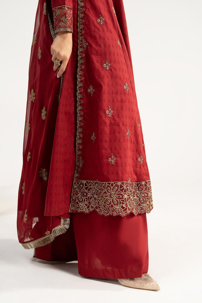 3 Piece Cutwork Dobby Lawn Frock - Red