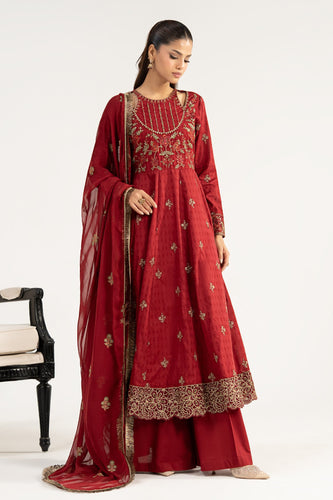3 Piece Cutwork Dobby Lawn Frock - Red
