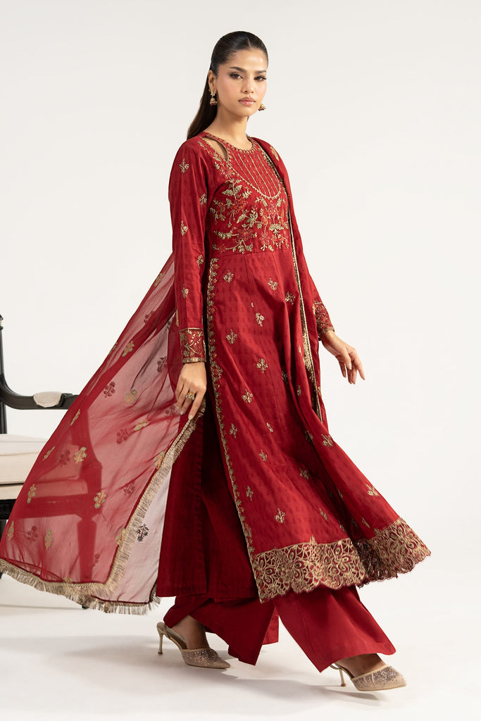 3 Piece Cutwork Dobby Lawn Frock - Red