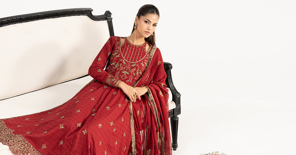 3 Piece Cutwork Dobby Lawn Frock - Red