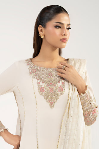 Dobby Lawn 3 Piece Suit with Tilla Dupatta - Off White